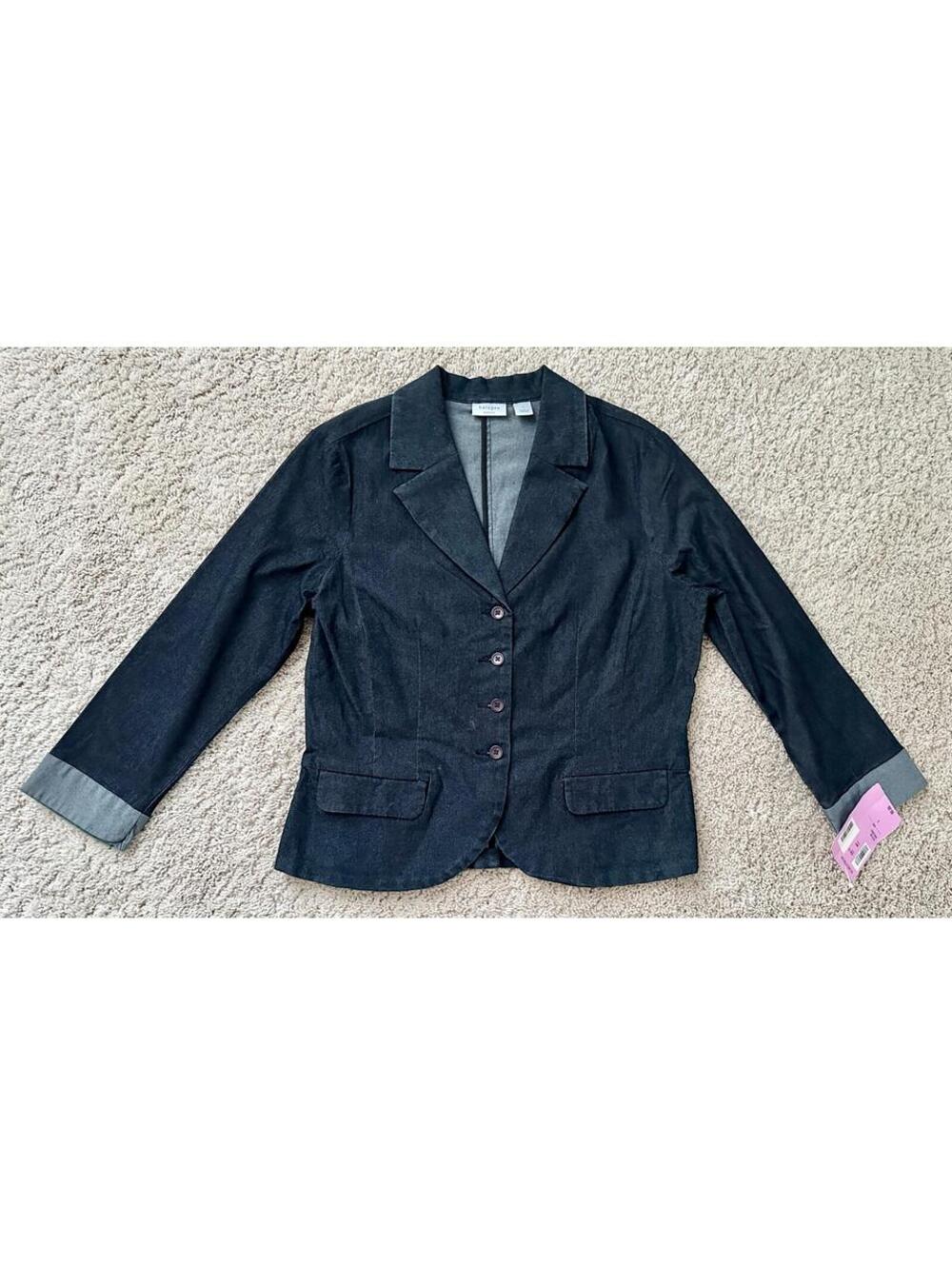 NWT Halogen Dark Blue Denim Blazer Jacket Cuffed Long Sleeve Button-Front L